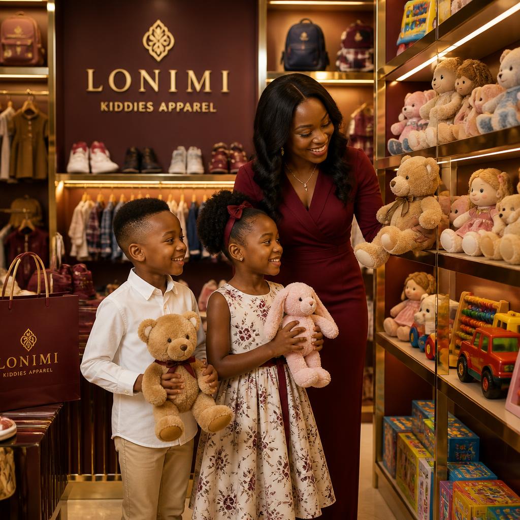 A mother shopping for toys, teddy bears and dolls with her children at Lonimi Kiddies Apparel